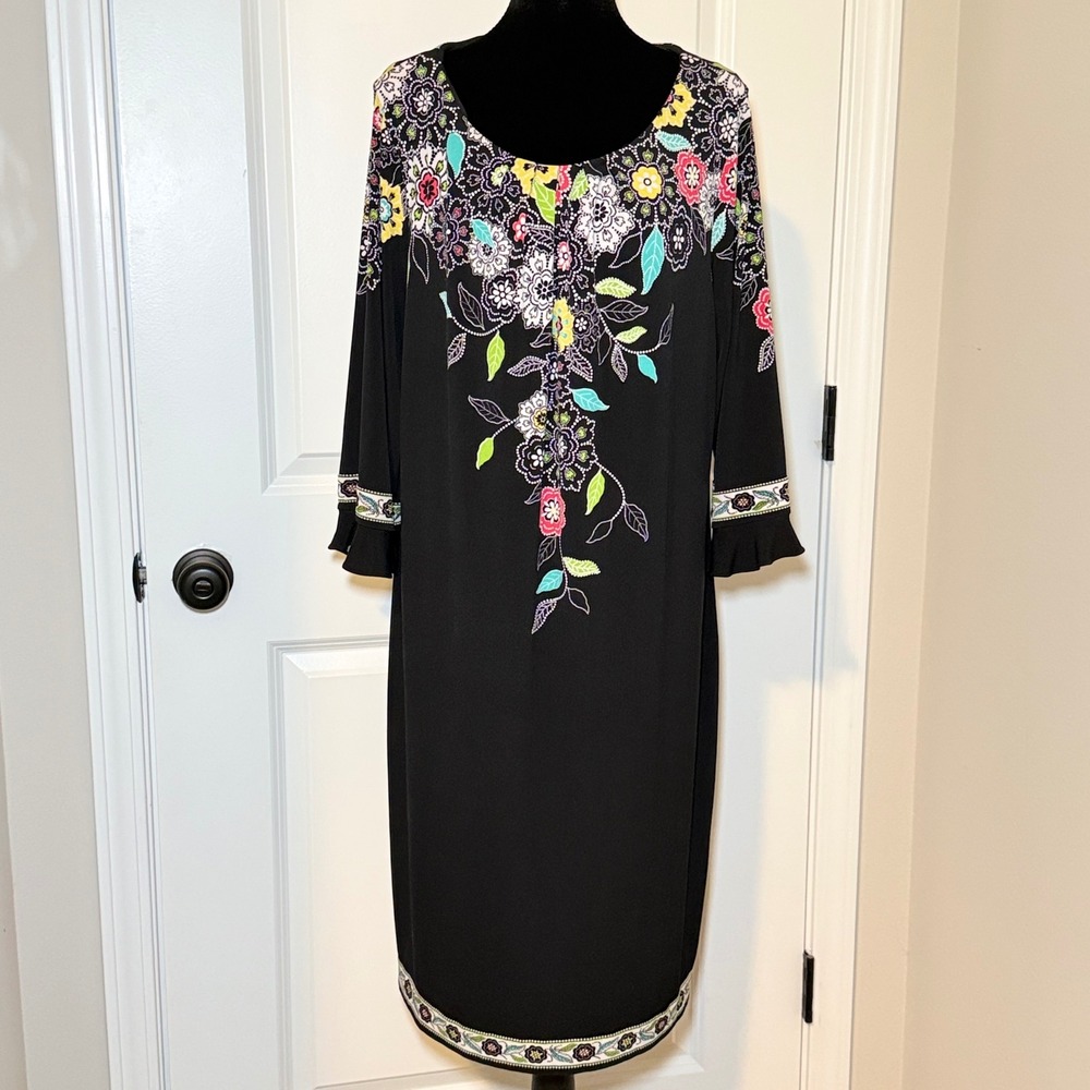 London Times Floral Print 3/4 Sleeve Shift Dress Women Size 16W Boho